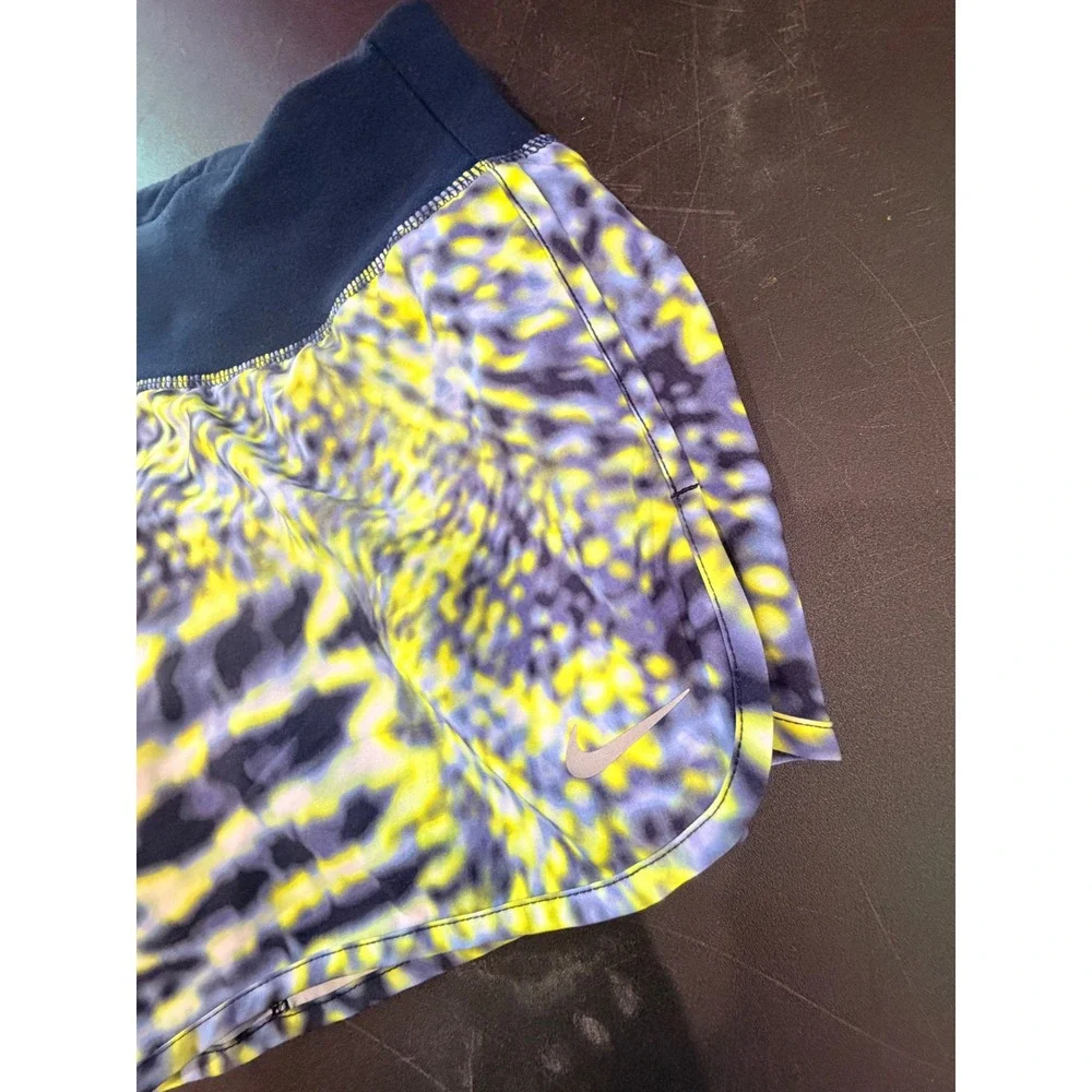 Nike Running Shorts Women Size S Blue Yellow Abstract Print Stretch Athletic Gym